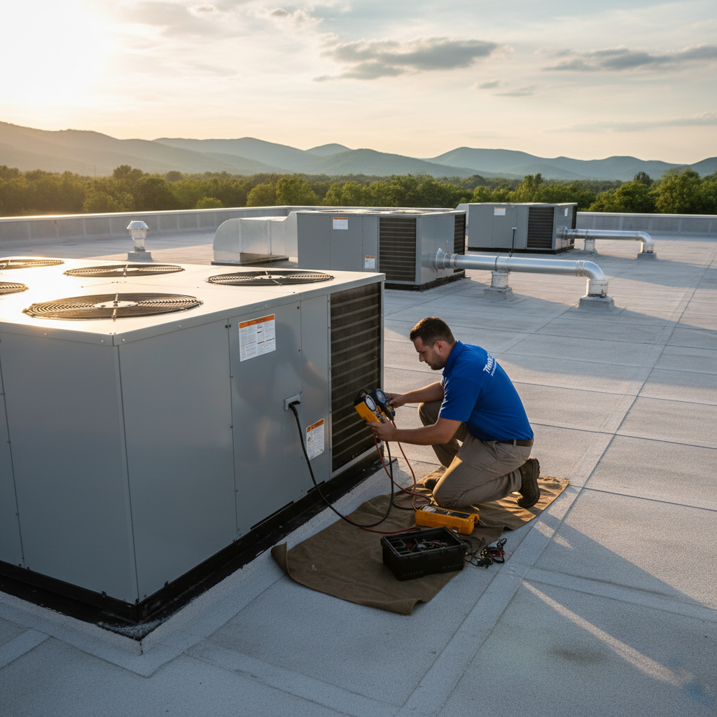 Skilled technician from ThermoSTAT checking a commercial HVAC system in Caryville, Campbell County TN.