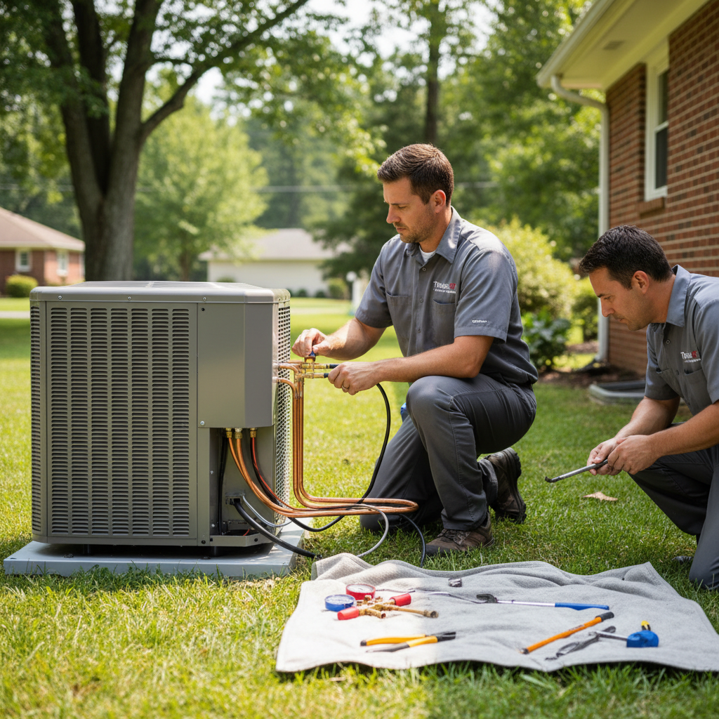 Skilled technician installing a new air conditioning unit, ensuring comfort for homes in LaFollette, TN.