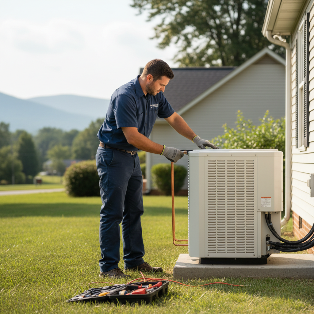 Skilled technician installing a new air conditioning unit for a home in LaFollette, Tennessee.