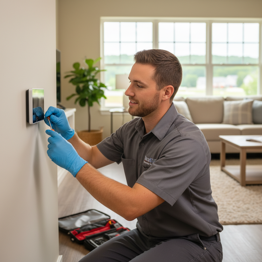 Skilled technician installing a new thermostat, enhancing comfort for residents in Jacksboro, TN.