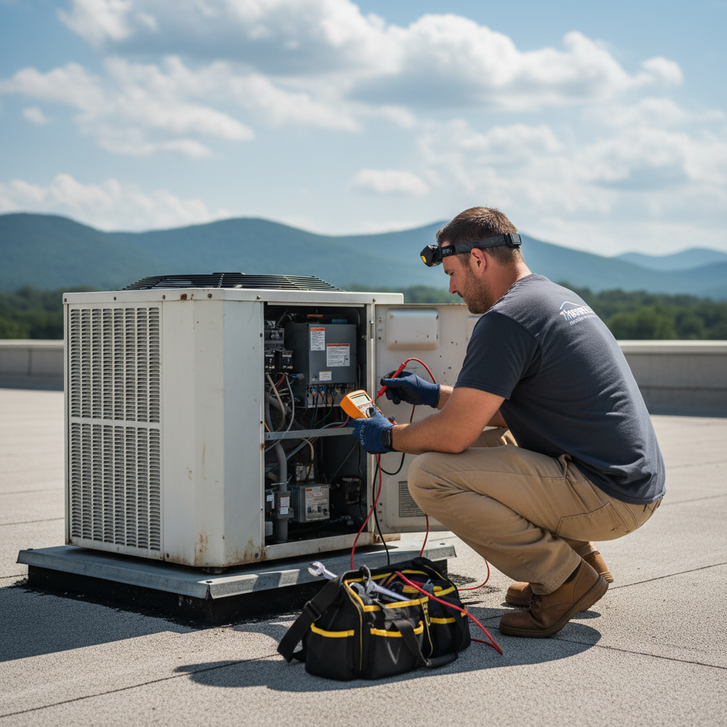 Skilled technician performing air conditioning repair on a rooftop unit in Jacksboro, serving Campbell County TN.