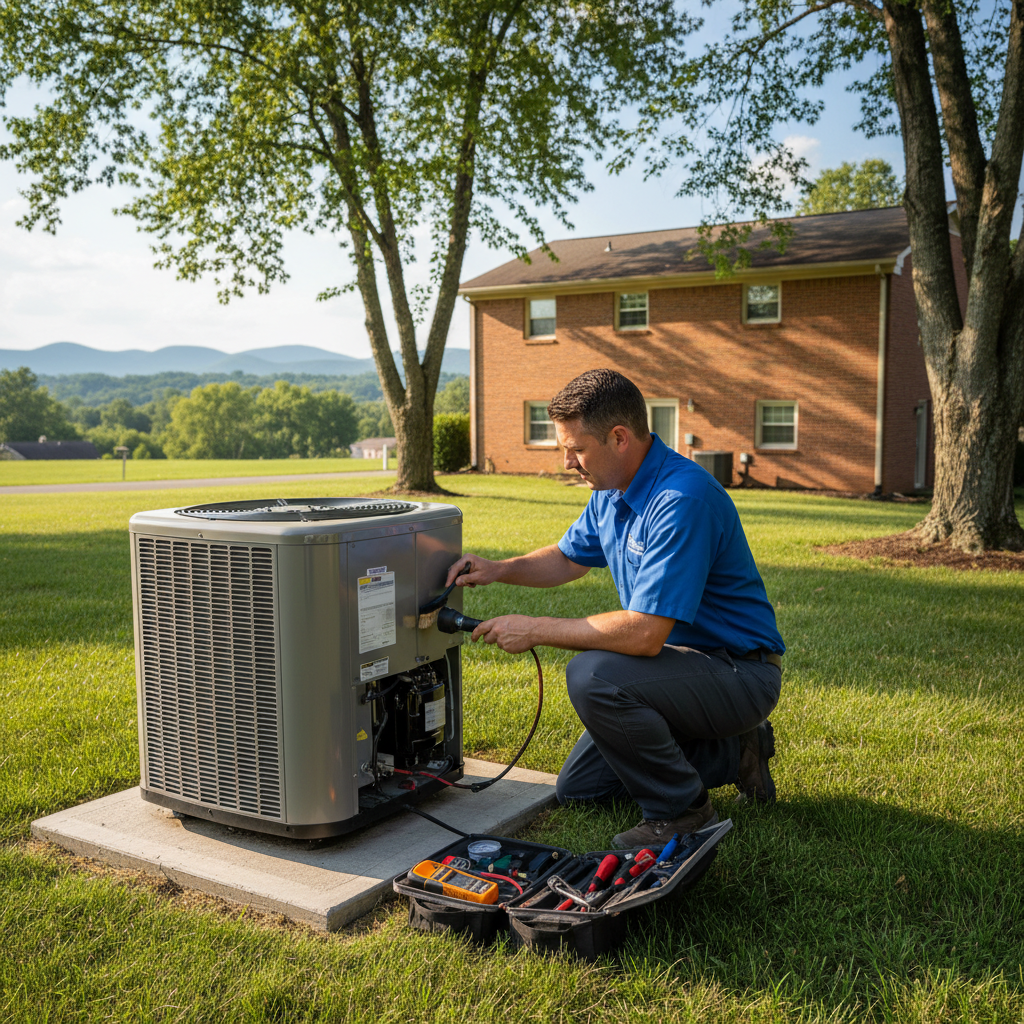 Skilled ThermoSTAT Heating and Cooling technician inspecting an outdoor AC unit in Jacksboro, TN.
