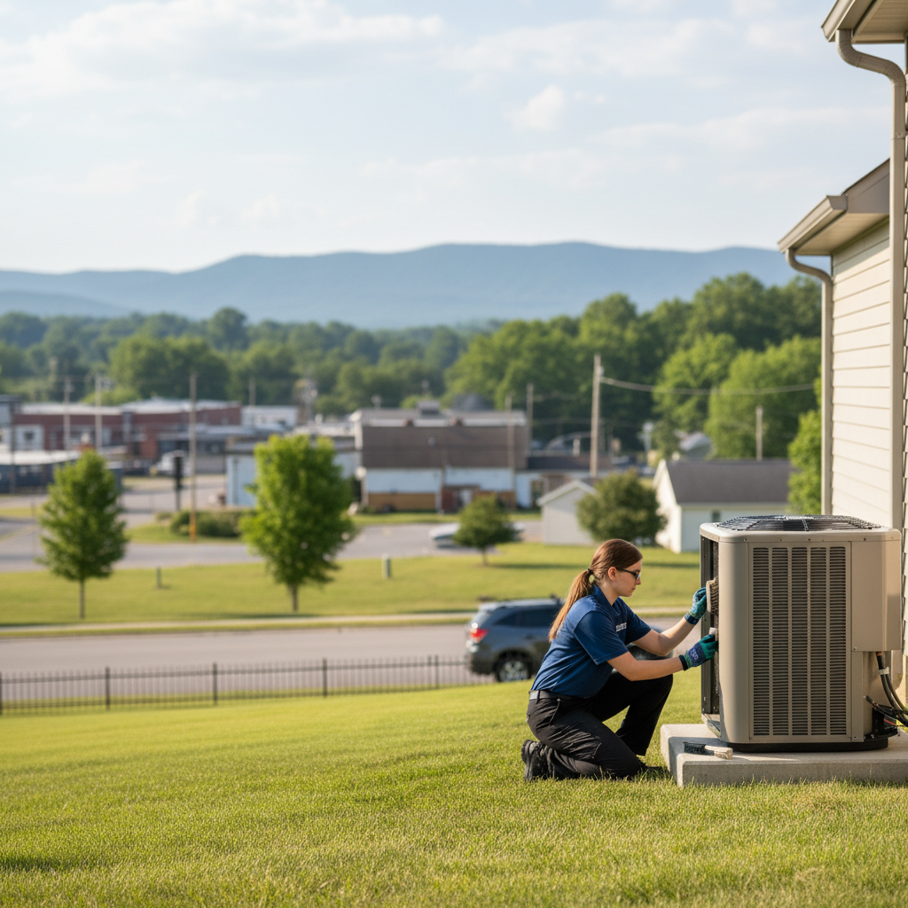 Skilled ThermoSTAT Heating and Cooling technician performing AC unit maintenance in Caryville, TN.