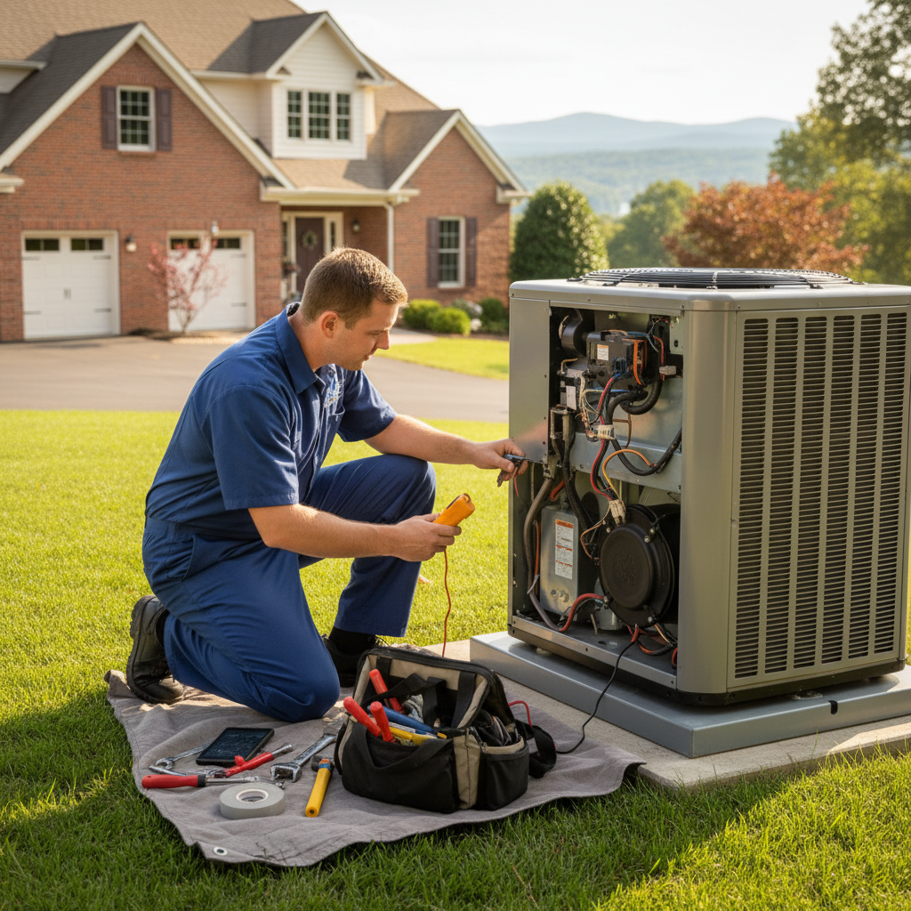 Skilled ThermoSTAT Heating and Cooling technician performing AC repair in a Jacksboro, TN residence.