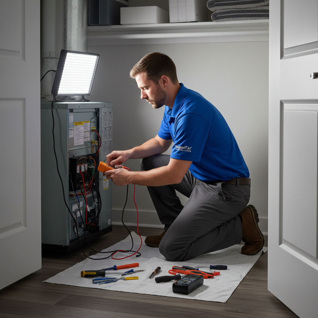 Skilled ThermoSTAT Heating and Cooling technician performing AC repair service in a Jacksboro, TN residence.