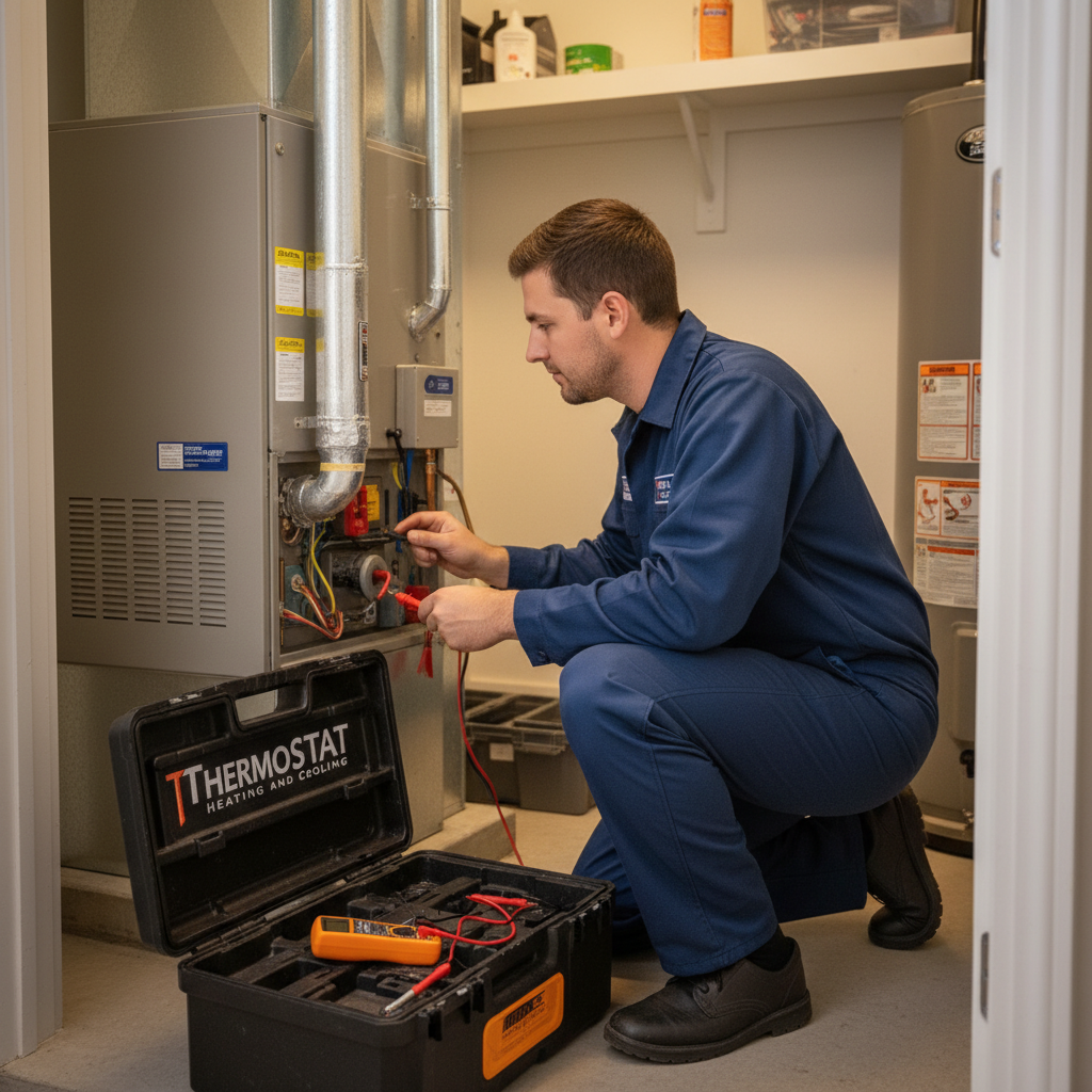 Skilled ThermoSTAT Heating and Cooling technician performing heating repair service in a Caryville, TN home.