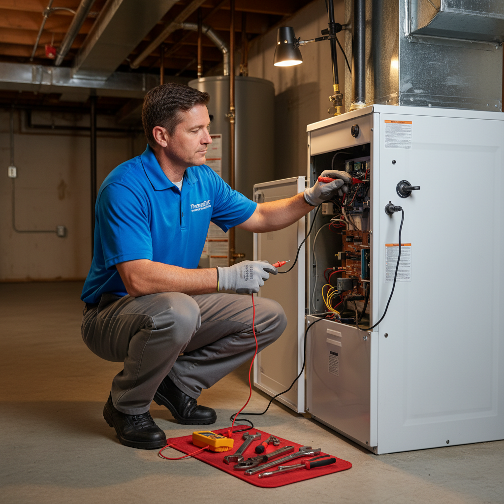 Skilled ThermoSTAT Heating and Cooling technician repairing a furnace in a Jacksboro, TN residence.