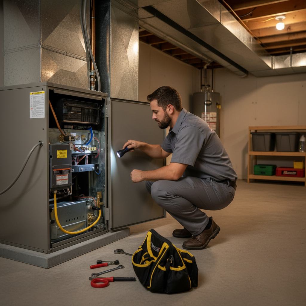 ThermoSTAT Heating and Cooling expert inspecting a furnace in a Jacksboro, TN residence.