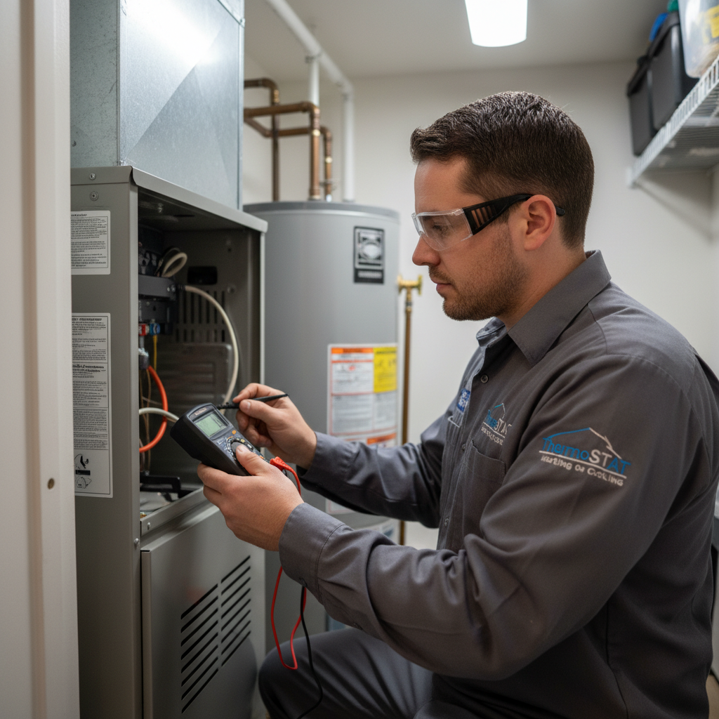 ThermoSTAT Heating and Cooling expert inspecting a furnace in a Jacksboro, TN residence for heating service.