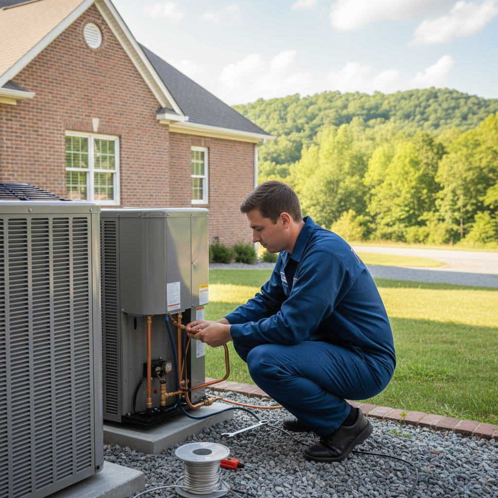 ThermoSTAT Heating and Cooling expert installing an air conditioning unit outside a Jacksboro, TN residence.
