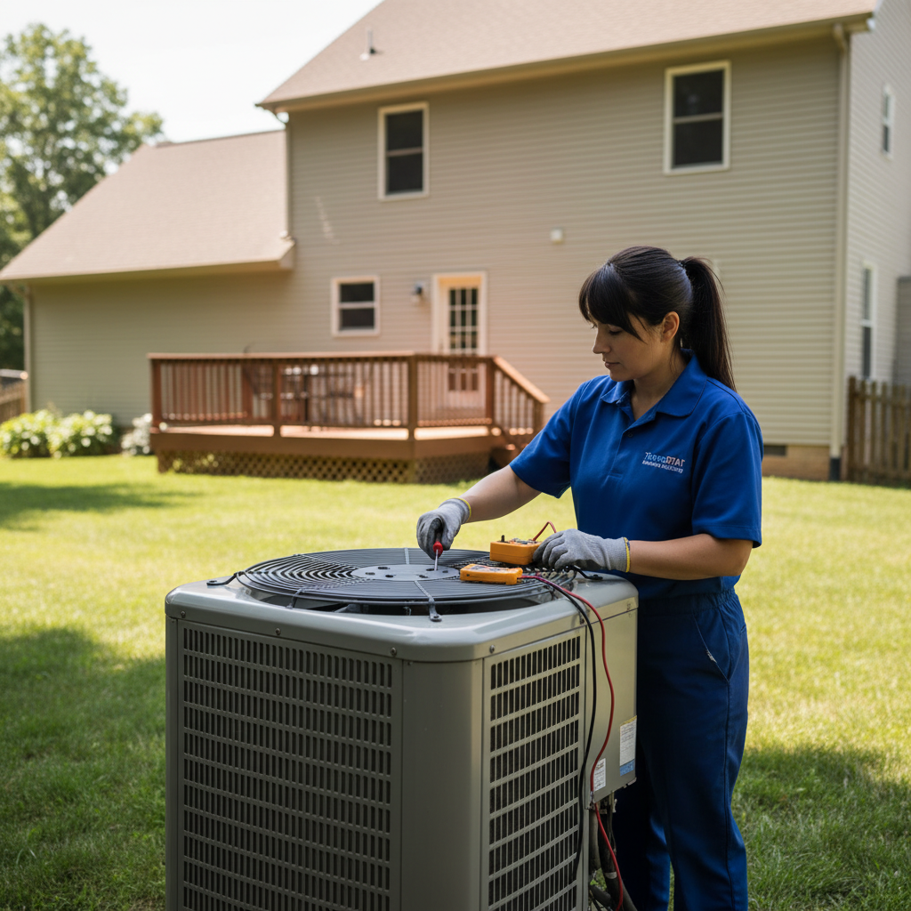 ThermoSTAT Heating and Cooling expert performing AC repair in a Jacksboro, TN residence.