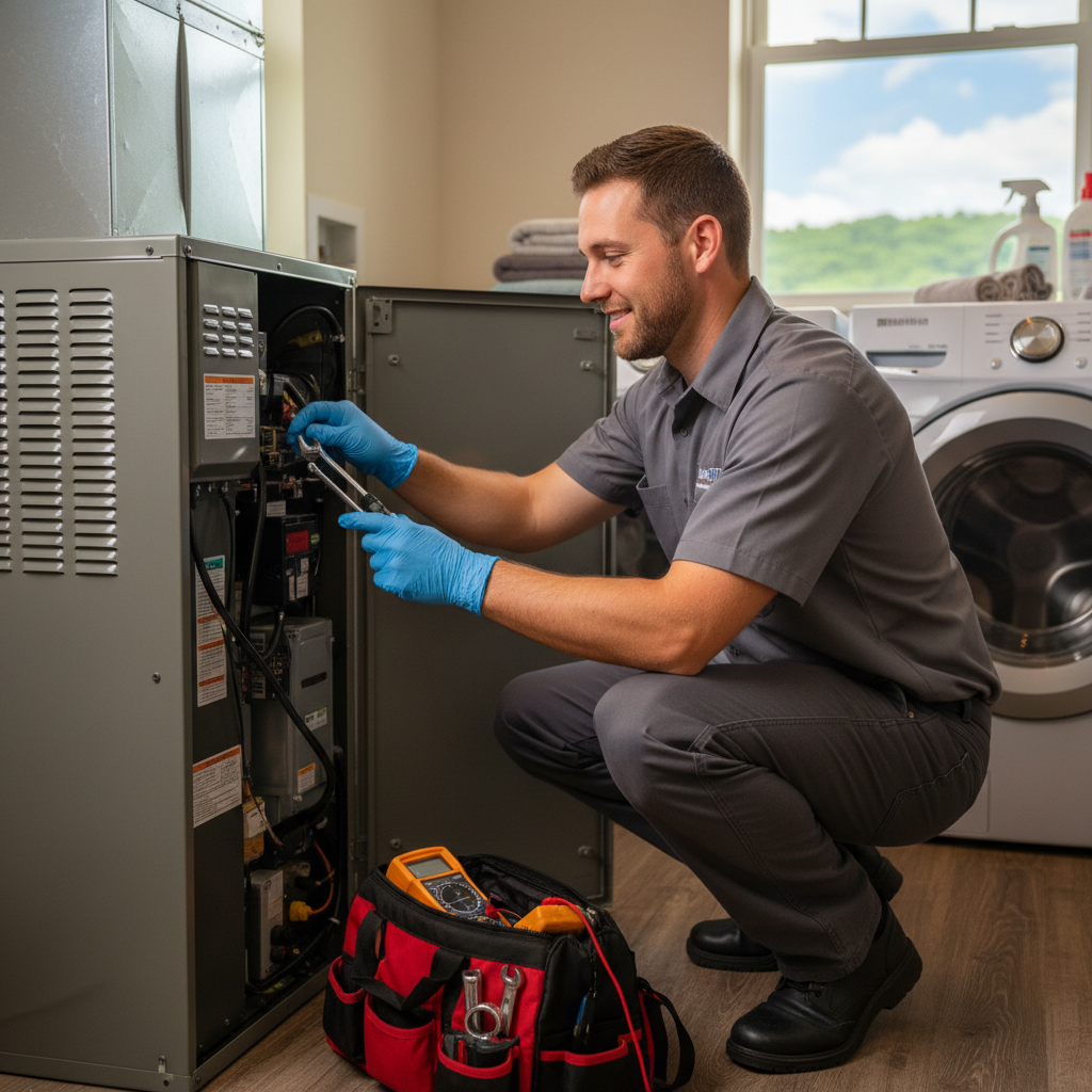 ThermoSTAT Heating and Cooling expert performing AC repair in a Campbell County TN home.