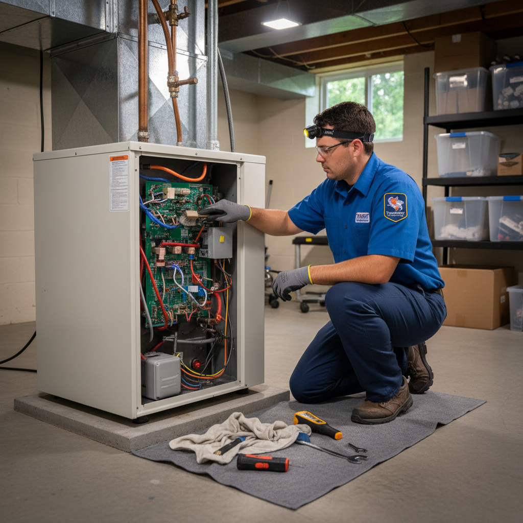 ThermoSTAT Heating and Cooling expert performing furnace maintenance in a Jacksboro, TN residence.