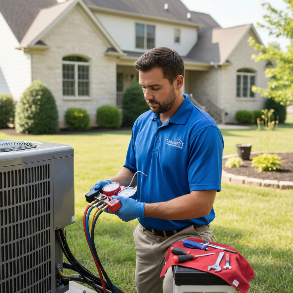 ThermoSTAT Heating and Cooling expert servicing an outdoor HVAC unit, ensuring optimal performance across LaFollette, Jacksboro, Caryville, and Campbell County TN.