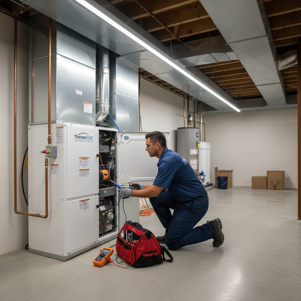 ThermoSTAT Heating and Cooling expert working on a modern furnace in a LaFollette, Jacksboro, Caryville, and Campbell County TN basement.