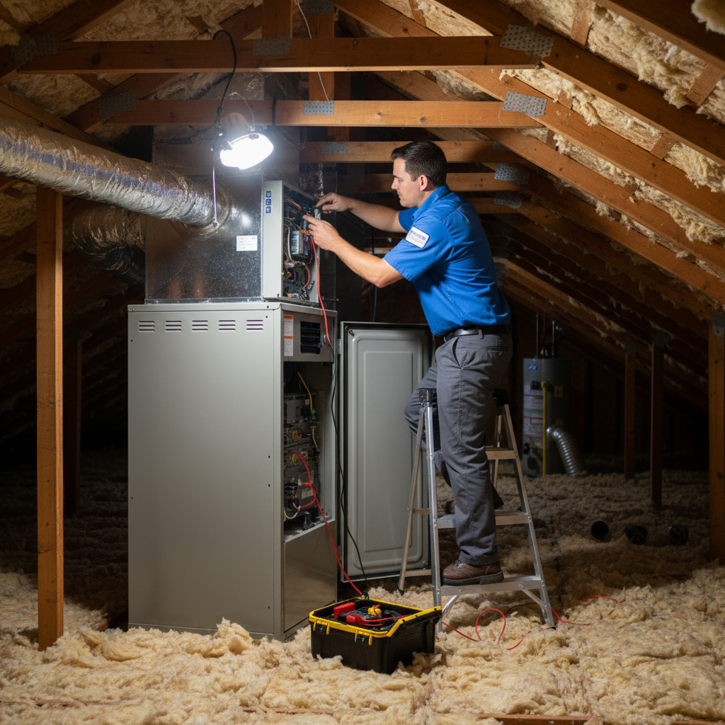 ThermoSTAT Heating and Cooling expert working on an air conditioner in Caryville, Tennessee.