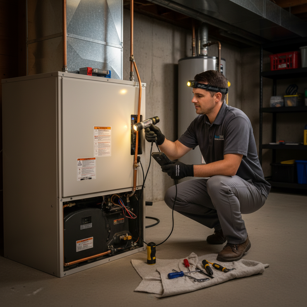 ThermoSTAT Heating and Cooling specialist inspecting a furnace in a Caryville, Campbell County TN residence.