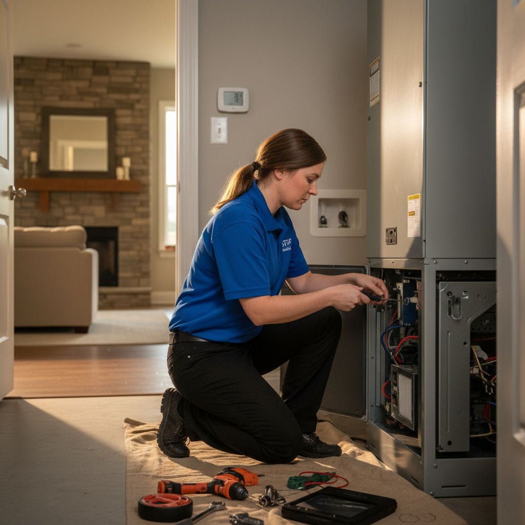 ThermoSTAT Heating and Cooling specialist performing a detailed AC repair service in a Jacksboro, TN residence.