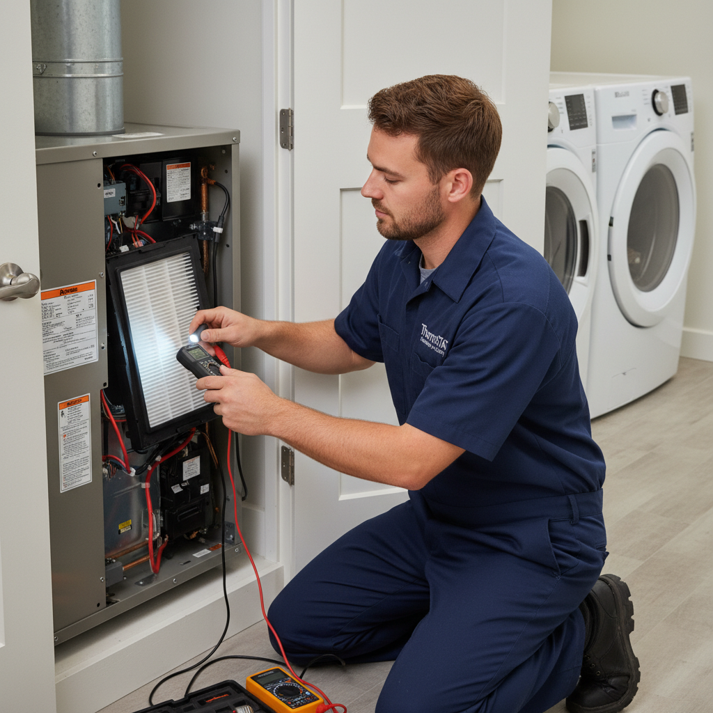 ThermoSTAT Heating and Cooling specialist performing a thorough AC repair in a Jacksboro, TN residence.