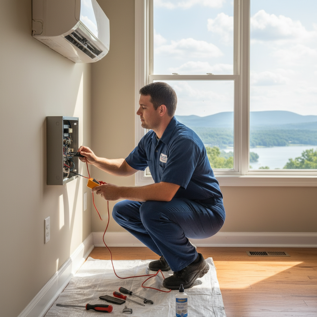 ThermoSTAT Heating and Cooling specialist performing AC repair in a scenic Jacksboro, TN residence.