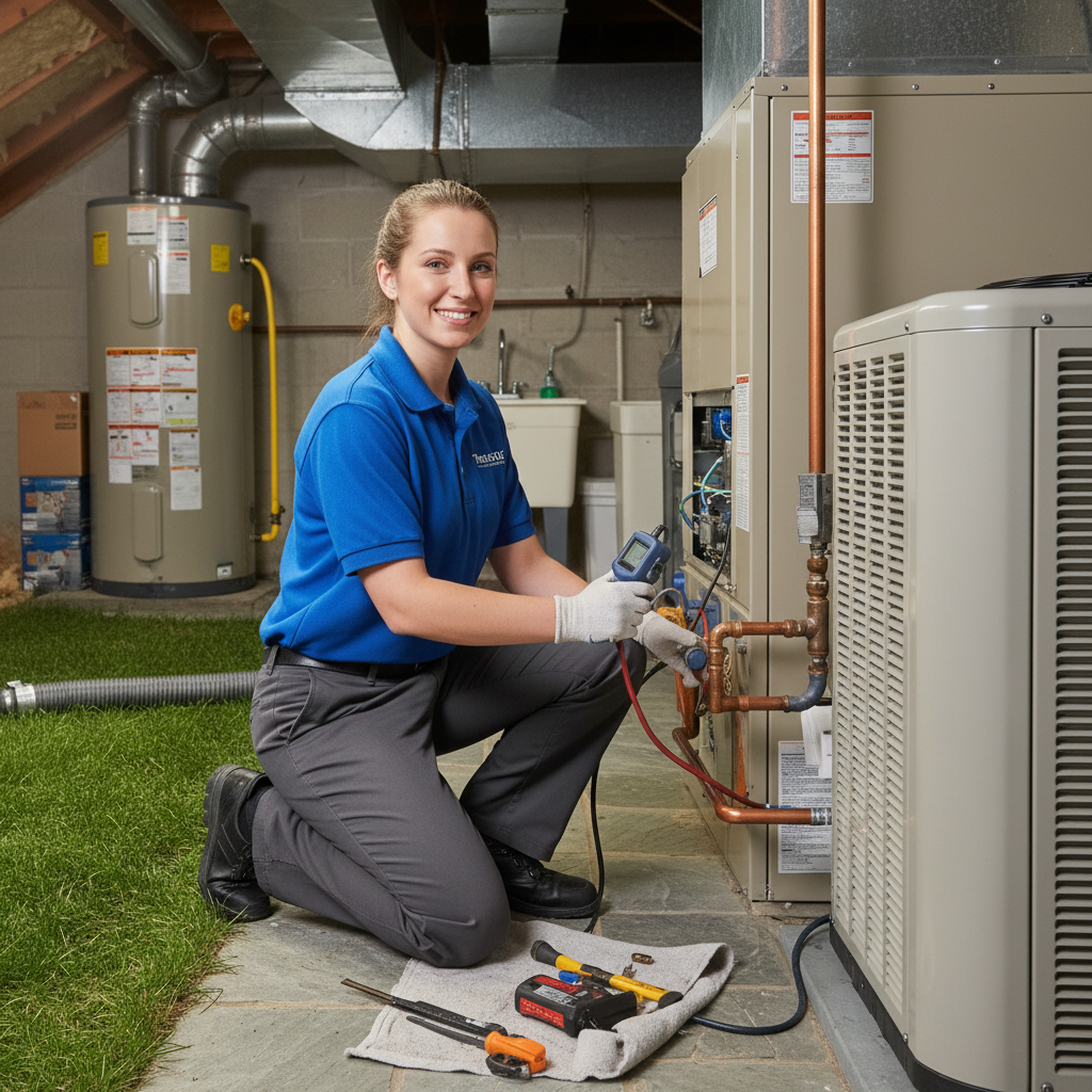 ThermoSTAT Heating and Cooling specialist performing furnace maintenance in a Jacksboro, TN residence.