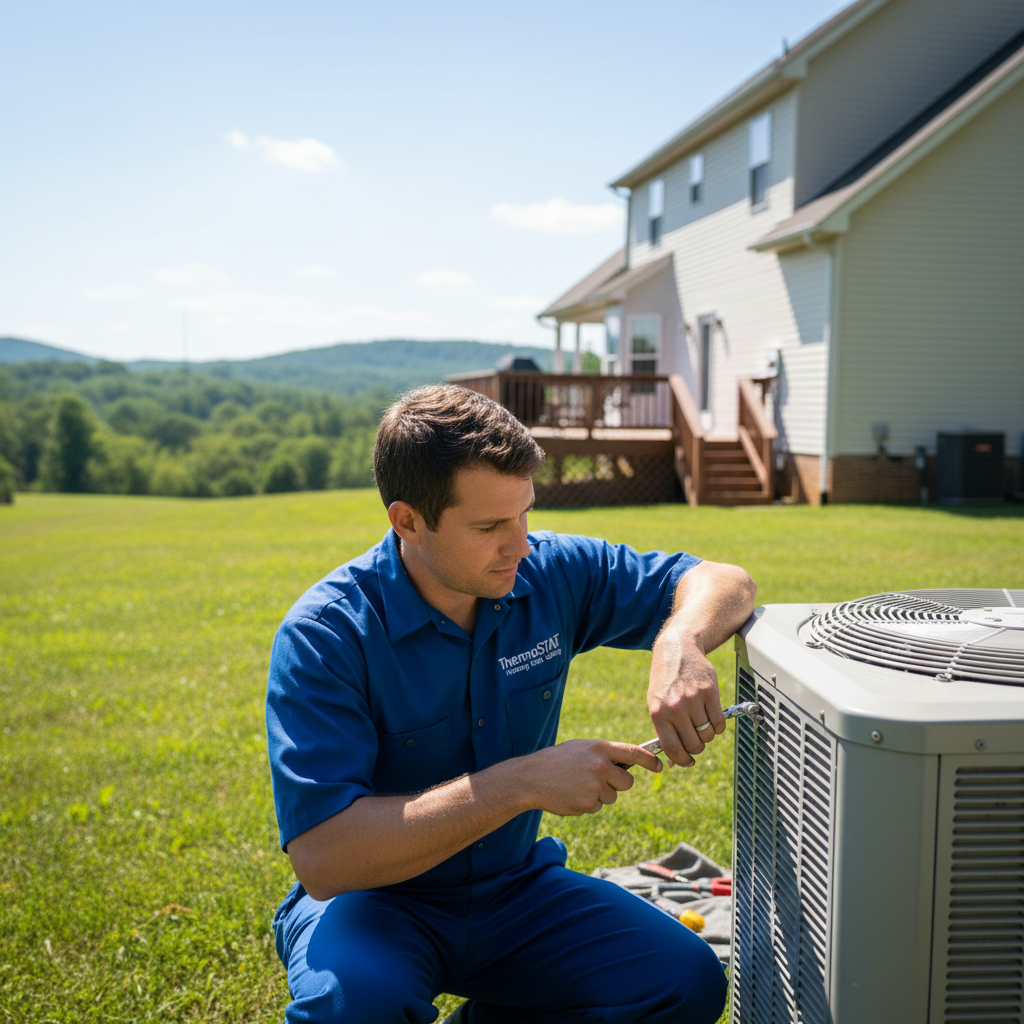ThermoSTAT Heating and Cooling specialist working on an outdoor AC unit in Jacksboro, TN.