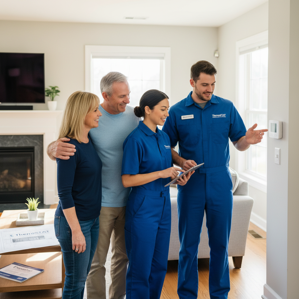 ThermoSTAT Heating and Cooling team discussing HVAC system plans with a happy homeowner in Caryville, TN.