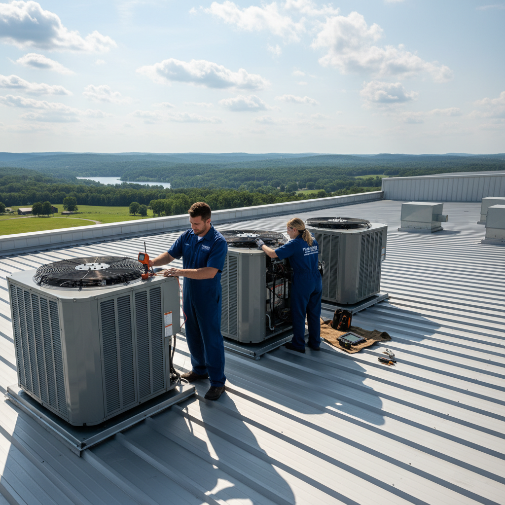 ThermoSTAT Heating and Cooling team inspecting commercial HVAC systems on a rooftop in Caryville, TN.