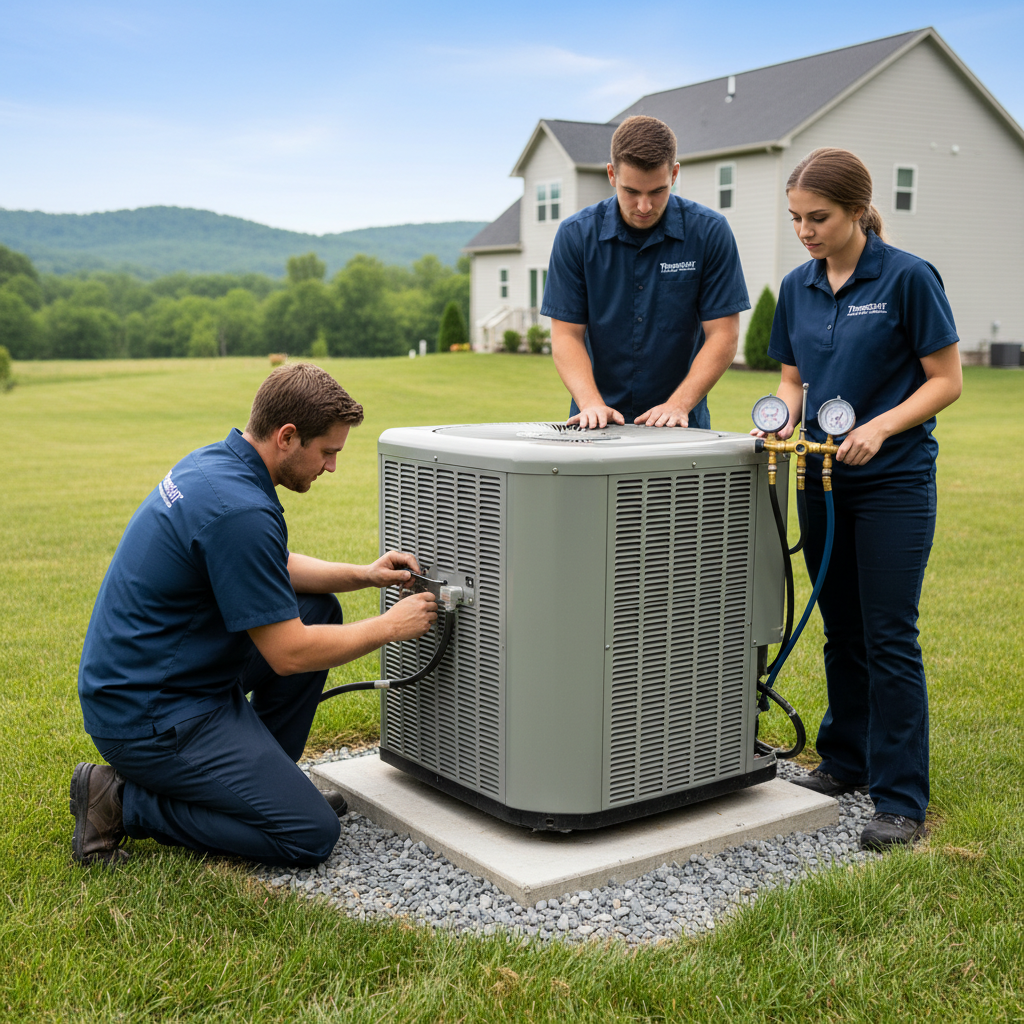 ThermoSTAT Heating and Cooling team installing new AC unit in Campbell County, TN.