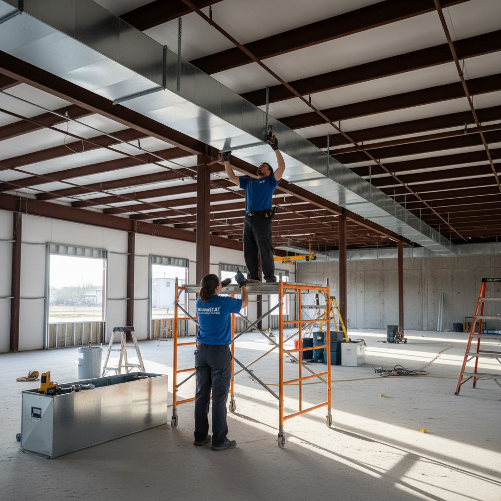 ThermoSTAT Heating and Cooling team installing new HVAC system in a Caryville, TN commercial building.