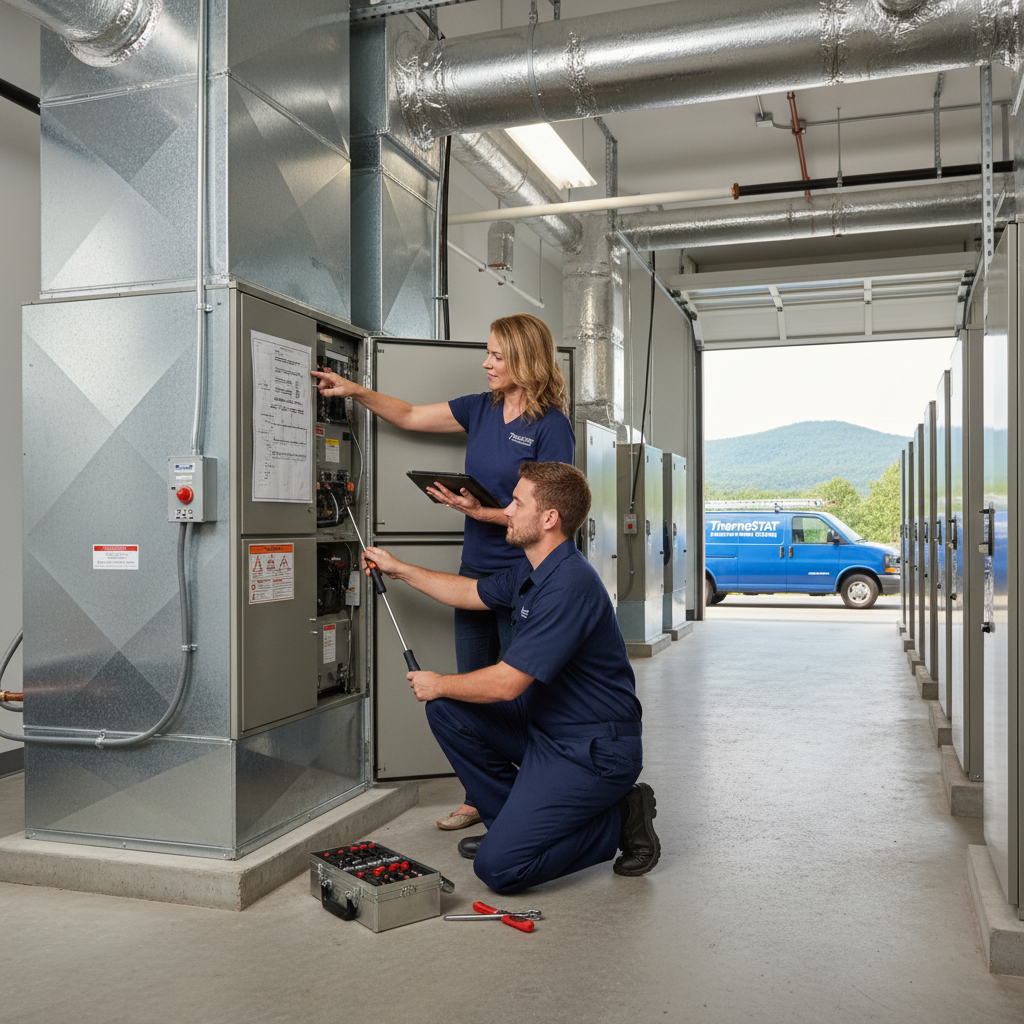 ThermoSTAT Heating and Cooling team maintaining a furnace system in a Campbell County, TN business.