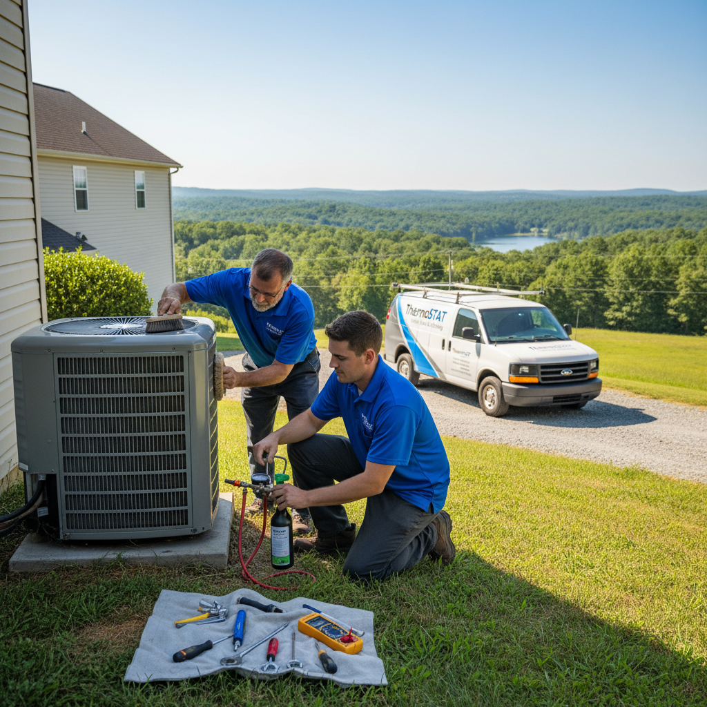 ThermoSTAT Heating and Cooling team performing maintenance on an HVAC system in Caryville, Campbell County TN.