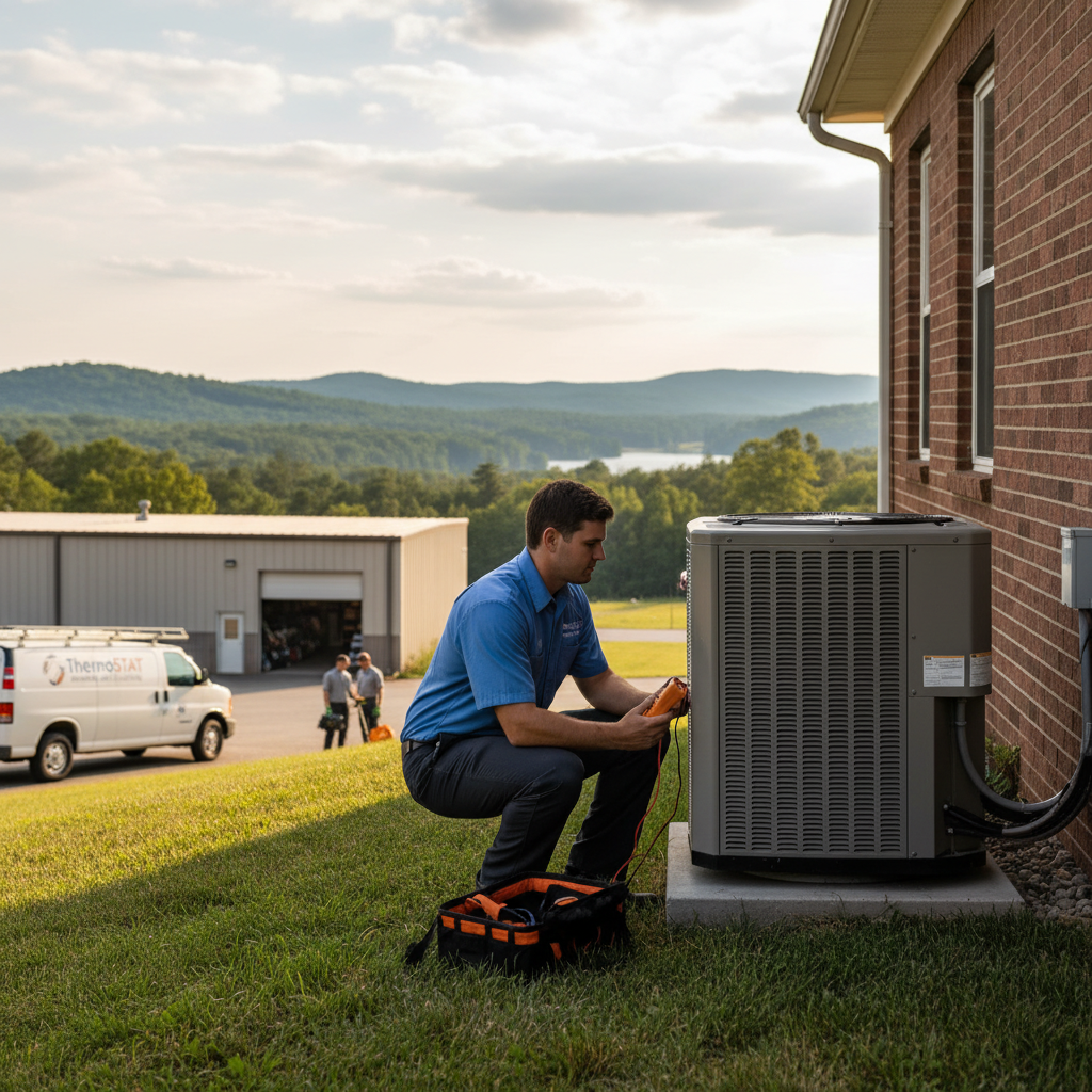 ThermoSTAT Heating and Cooling technician expertly inspecting an HVAC unit in a LaFollette home.