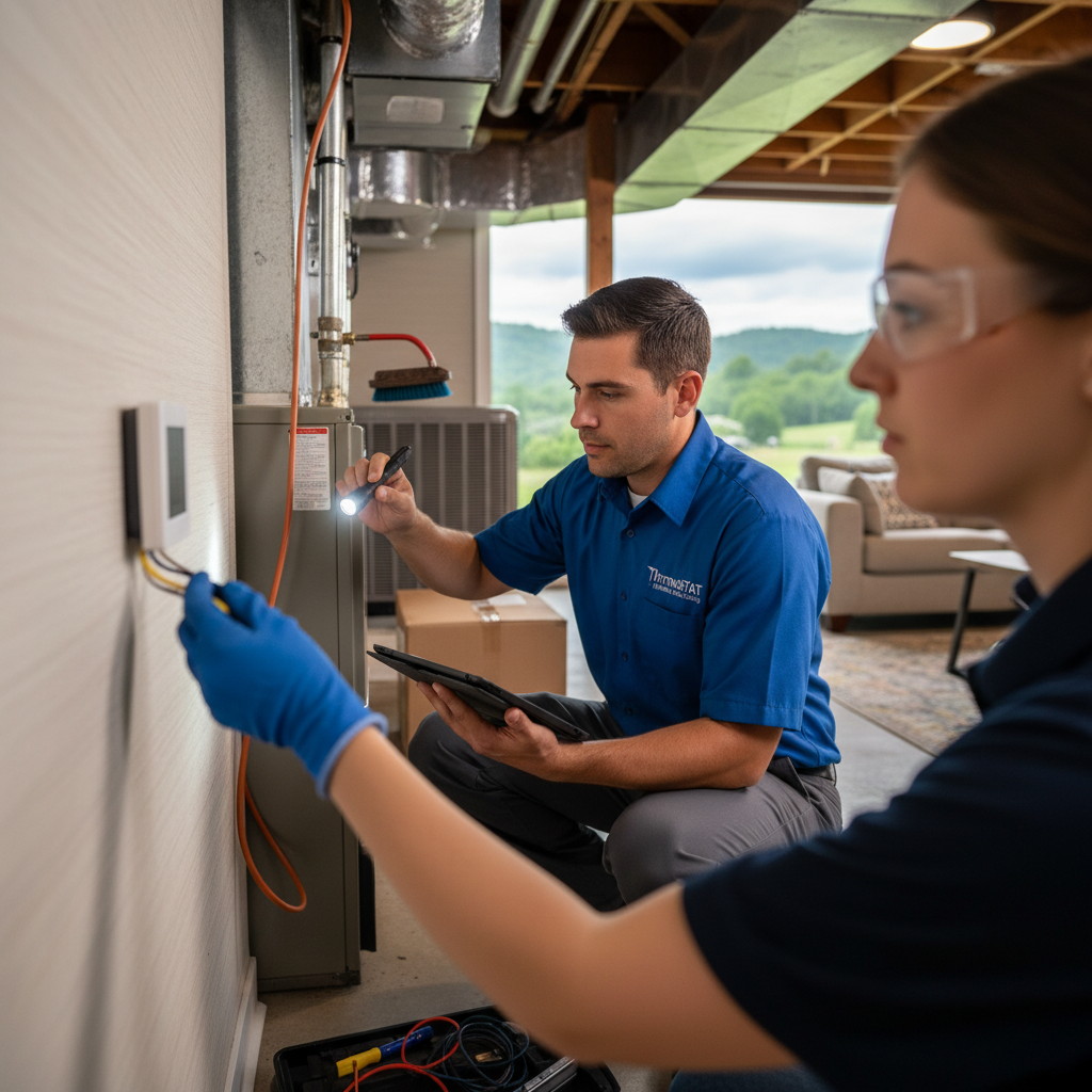 ThermoSTAT Heating and Cooling technician expertly inspecting an HVAC unit in a LaFollette home.