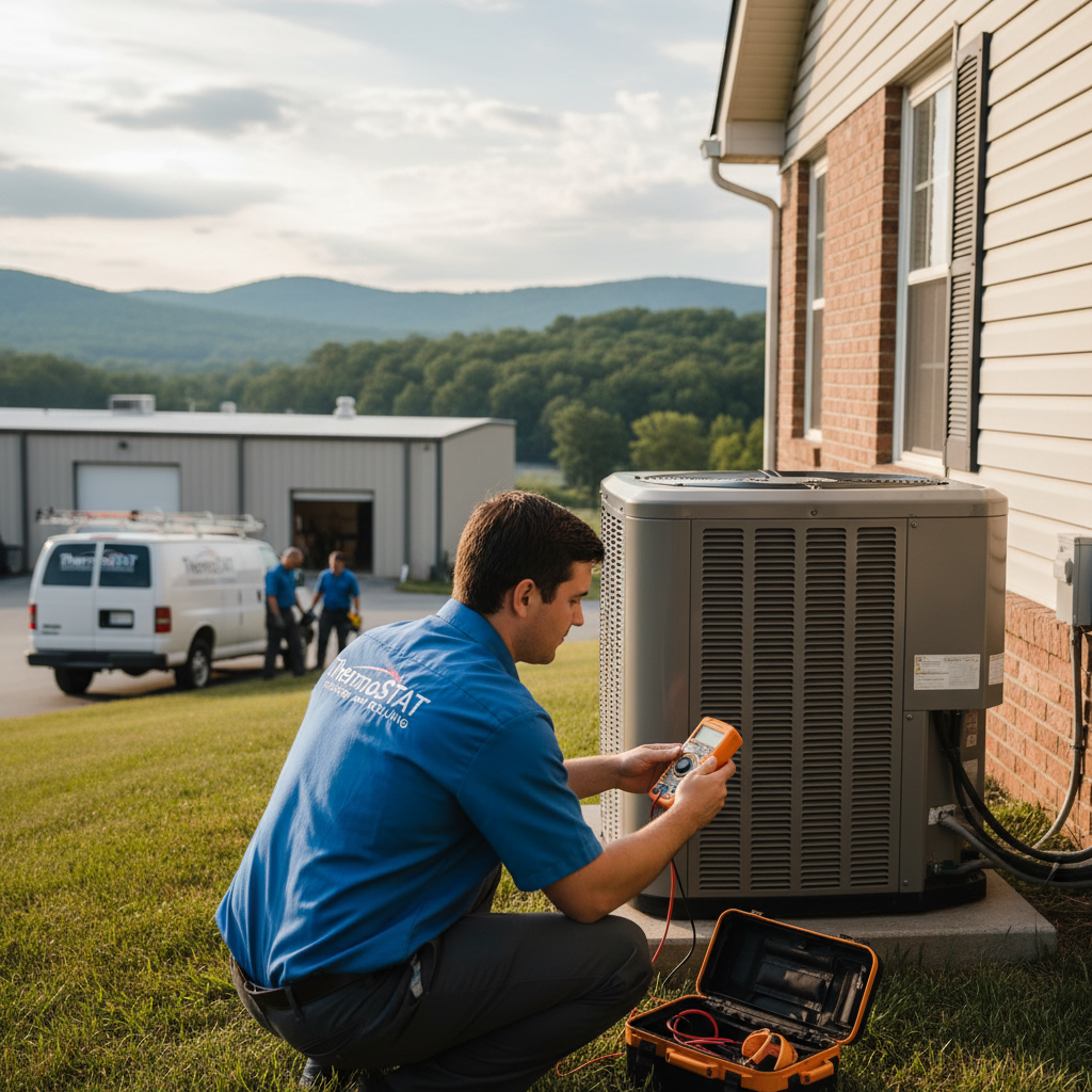 ThermoSTAT Heating and Cooling technician expertly inspecting an HVAC unit in a LaFollette home.