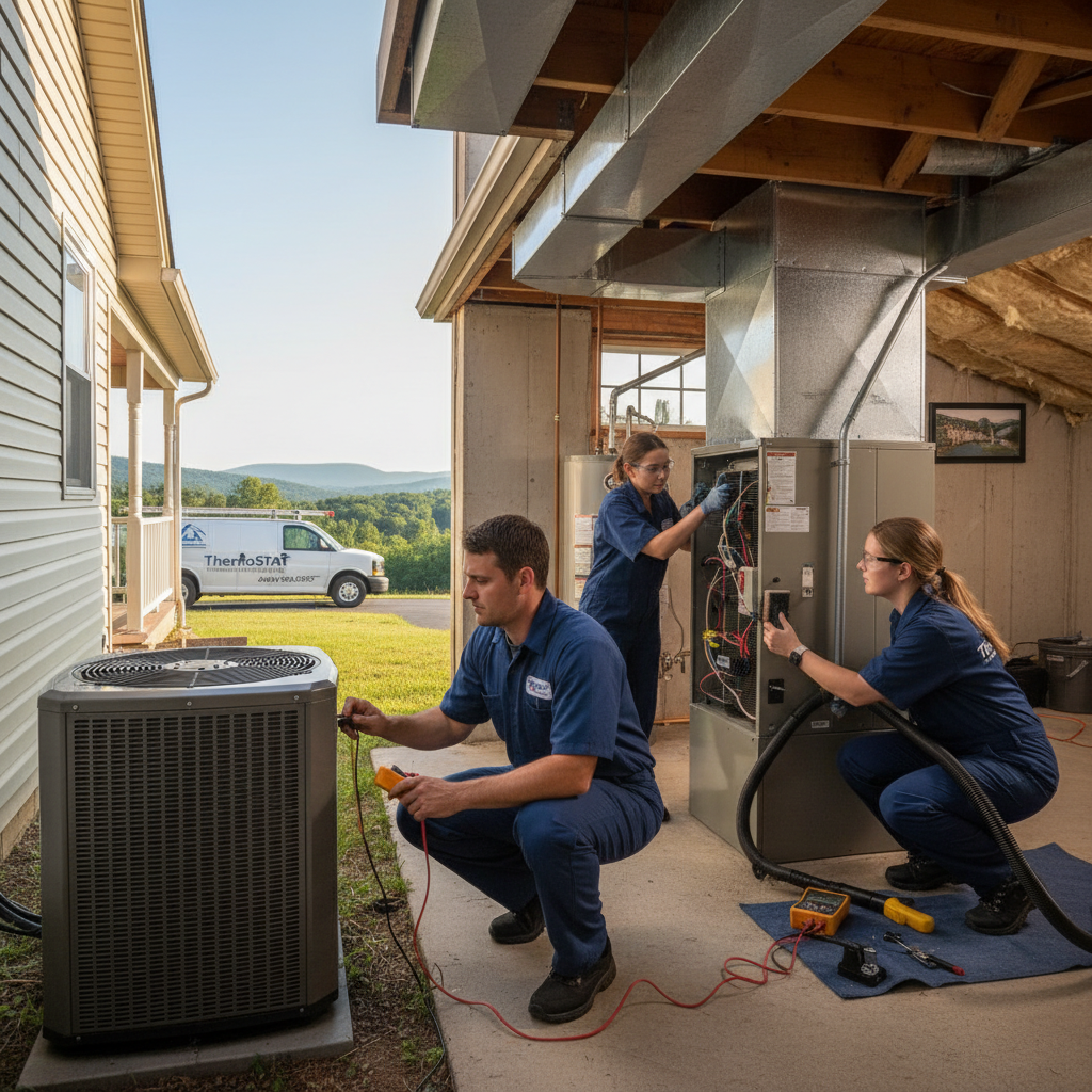 ThermoSTAT Heating and Cooling technician expertly inspecting an HVAC unit in a LaFollette, TN home.