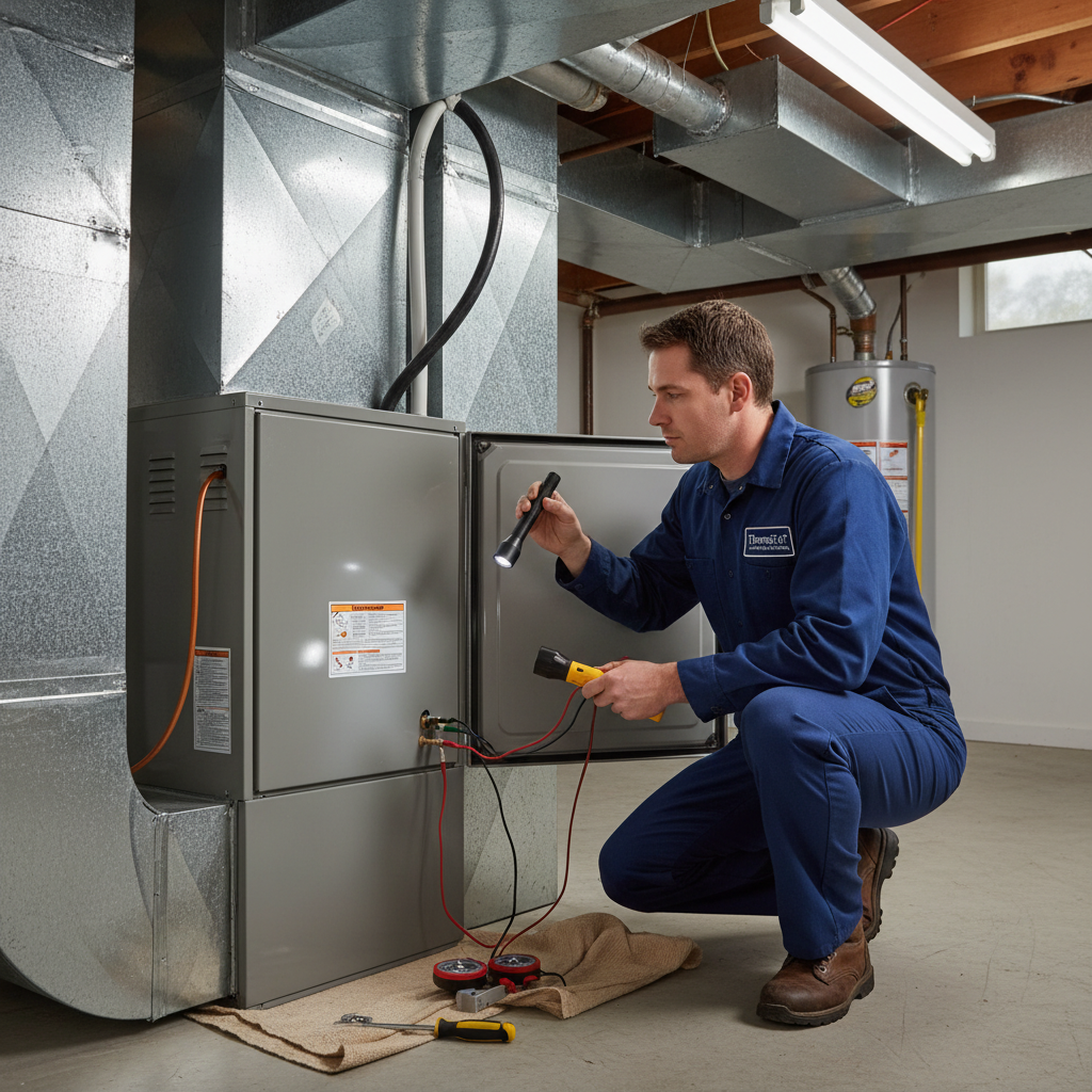 ThermoSTAT Heating and Cooling technician expertly inspecting a furnace in a LaFollette, Jacksboro, Caryville, and Campbell County, TN home.