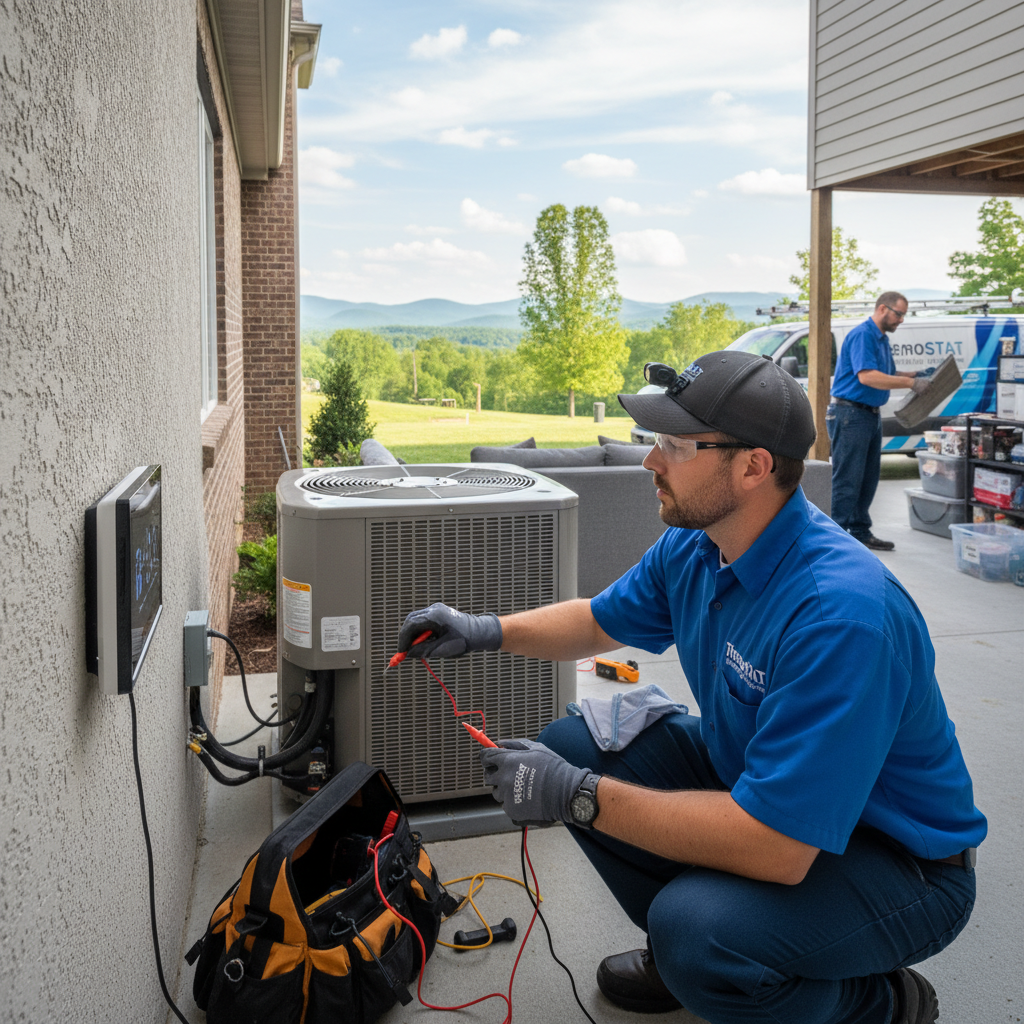 ThermoSTAT Heating and Cooling technician expertly inspecting an HVAC unit in a LaFollette home.