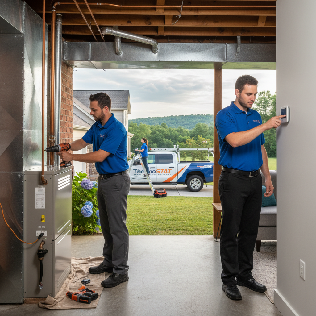ThermoSTAT Heating and Cooling technician expertly installing a new HVAC unit in a LaFollette, TN home.