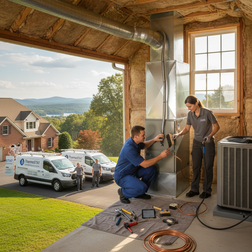 ThermoSTAT Heating and Cooling technician expertly installing a new HVAC unit in a LaFollette home.