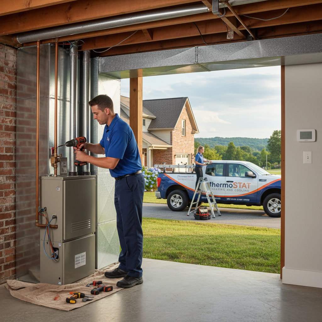 ThermoSTAT Heating and Cooling technician expertly installing a new HVAC unit in a LaFollette, TN home.