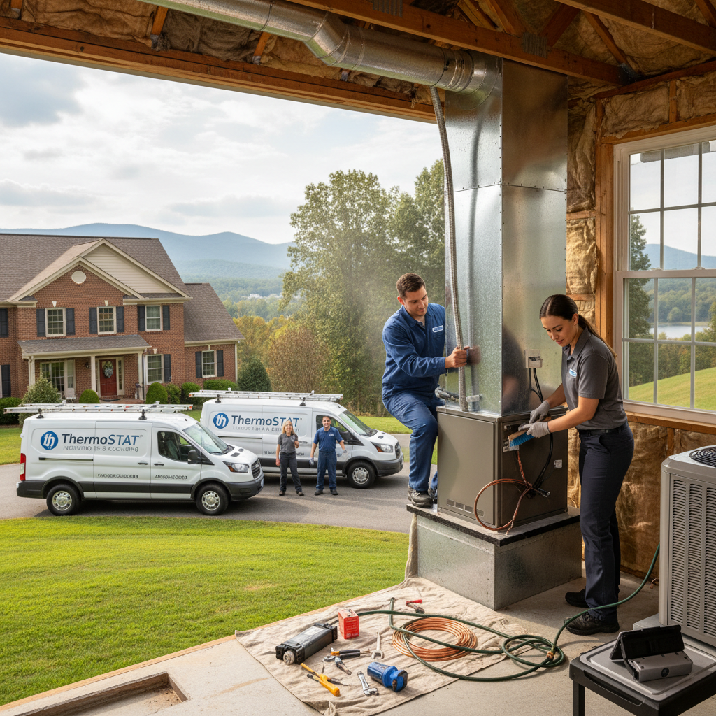 ThermoSTAT Heating and Cooling technician expertly installing a new HVAC unit in a LaFollette home.