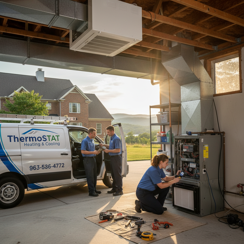 ThermoSTAT Heating and Cooling technician expertly installing a new HVAC unit in a LaFollette, TN home.