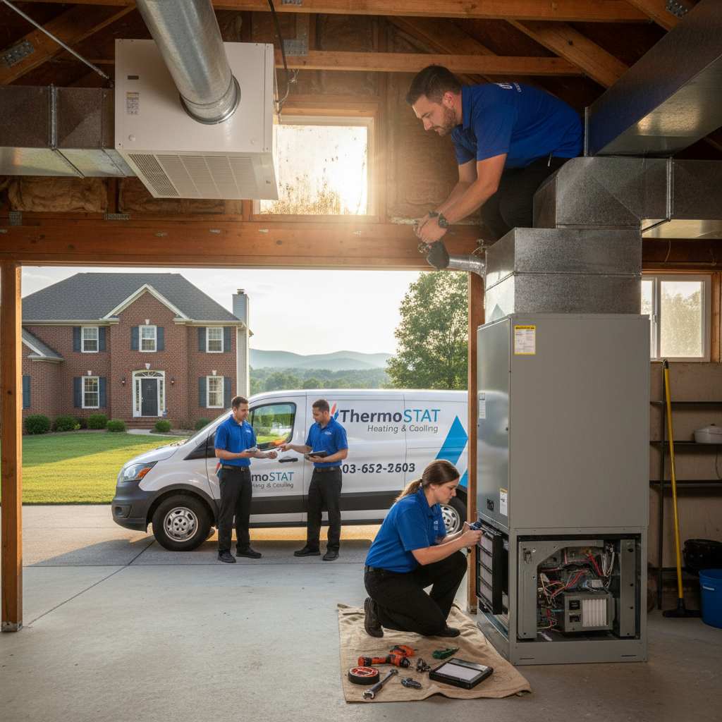 ThermoSTAT Heating and Cooling technician expertly installing a new HVAC unit in a LaFollette, TN home.