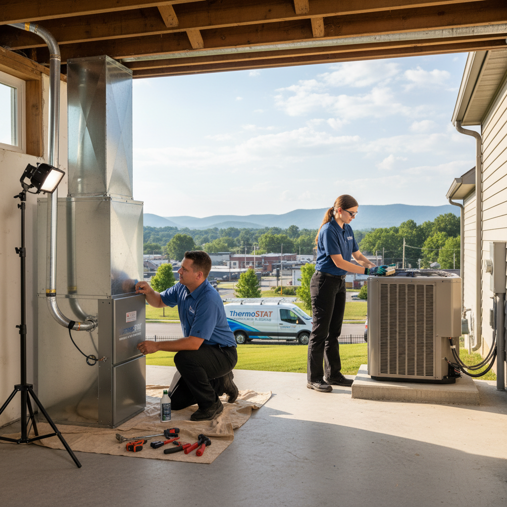ThermoSTAT Heating and Cooling technician expertly installing a new furnace in a LaFollette, TN home.