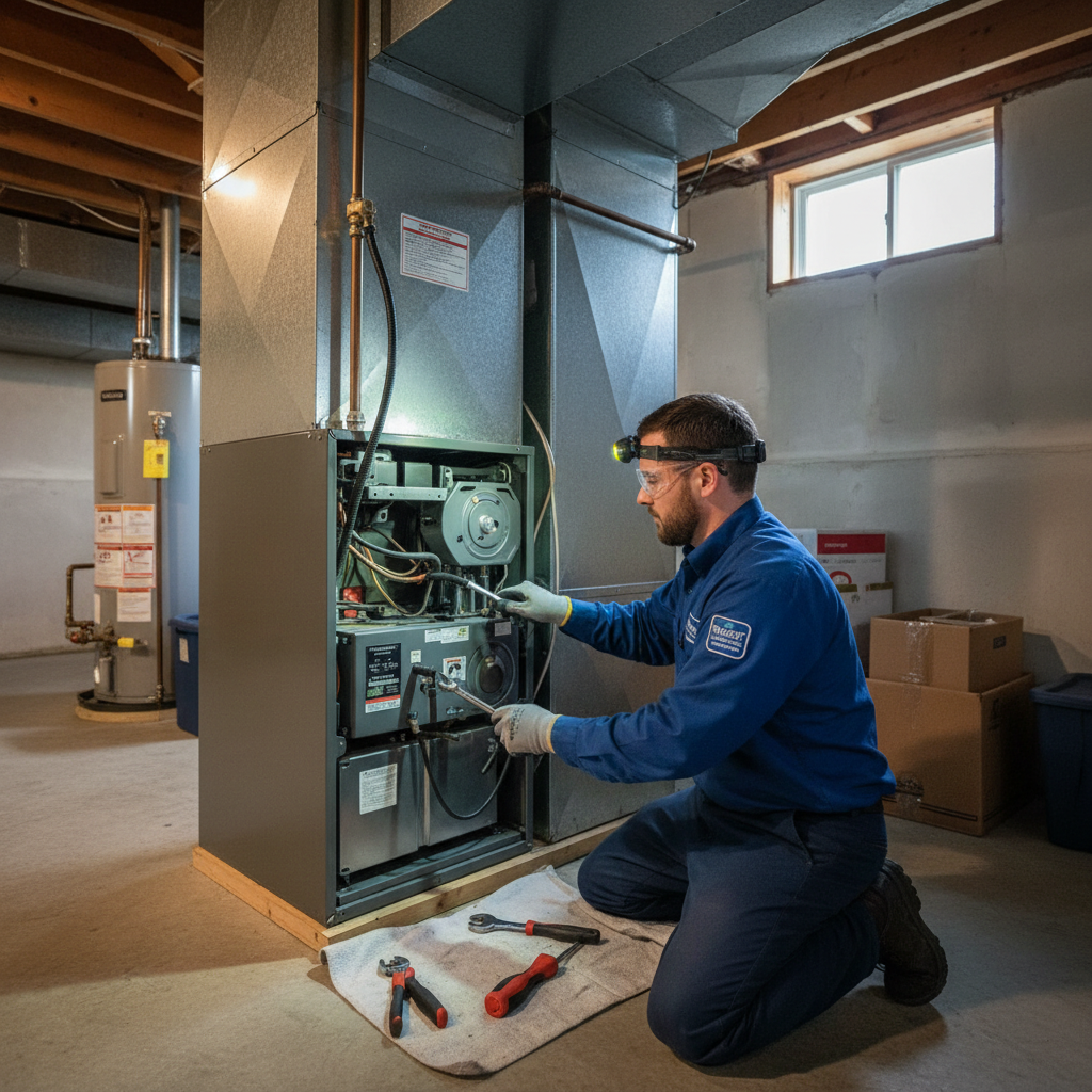 ThermoSTAT Heating and Cooling technician expertly repairing a furnace in a LaFollette, TN home.