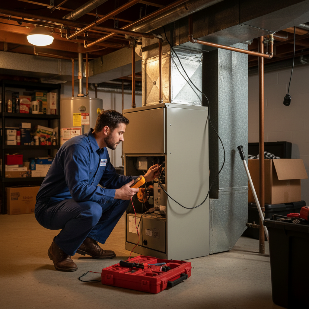 ThermoSTAT Heating and Cooling technician inspecting a furnace in a LaFollette, TN home.