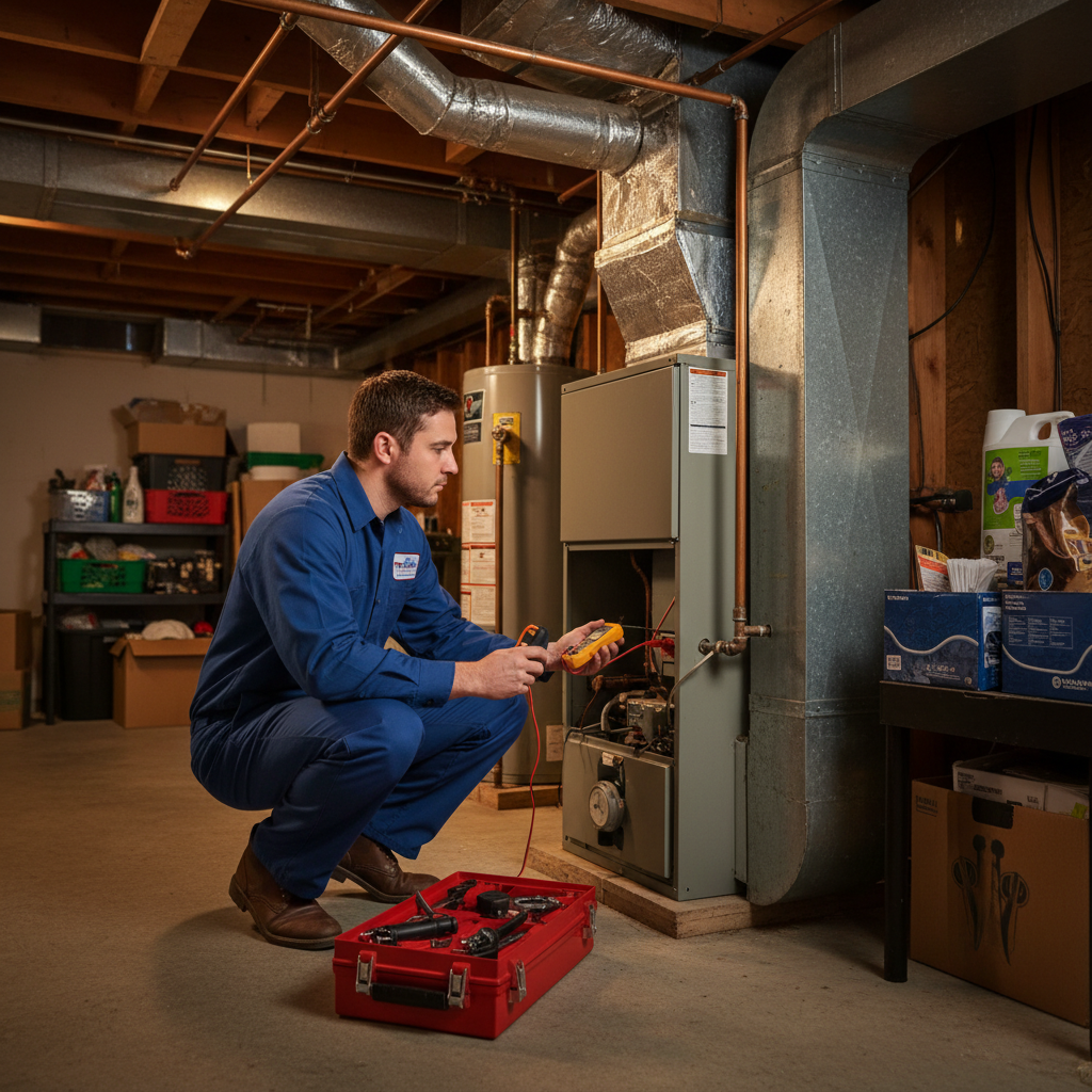 ThermoSTAT Heating and Cooling technician inspecting a furnace in a LaFollette, TN home.