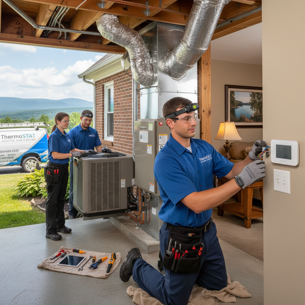 ThermoSTAT Heating and Cooling technician inspecting a furnace in a LaFollette, Jacksboro, Caryville, and Campbell County TN home.