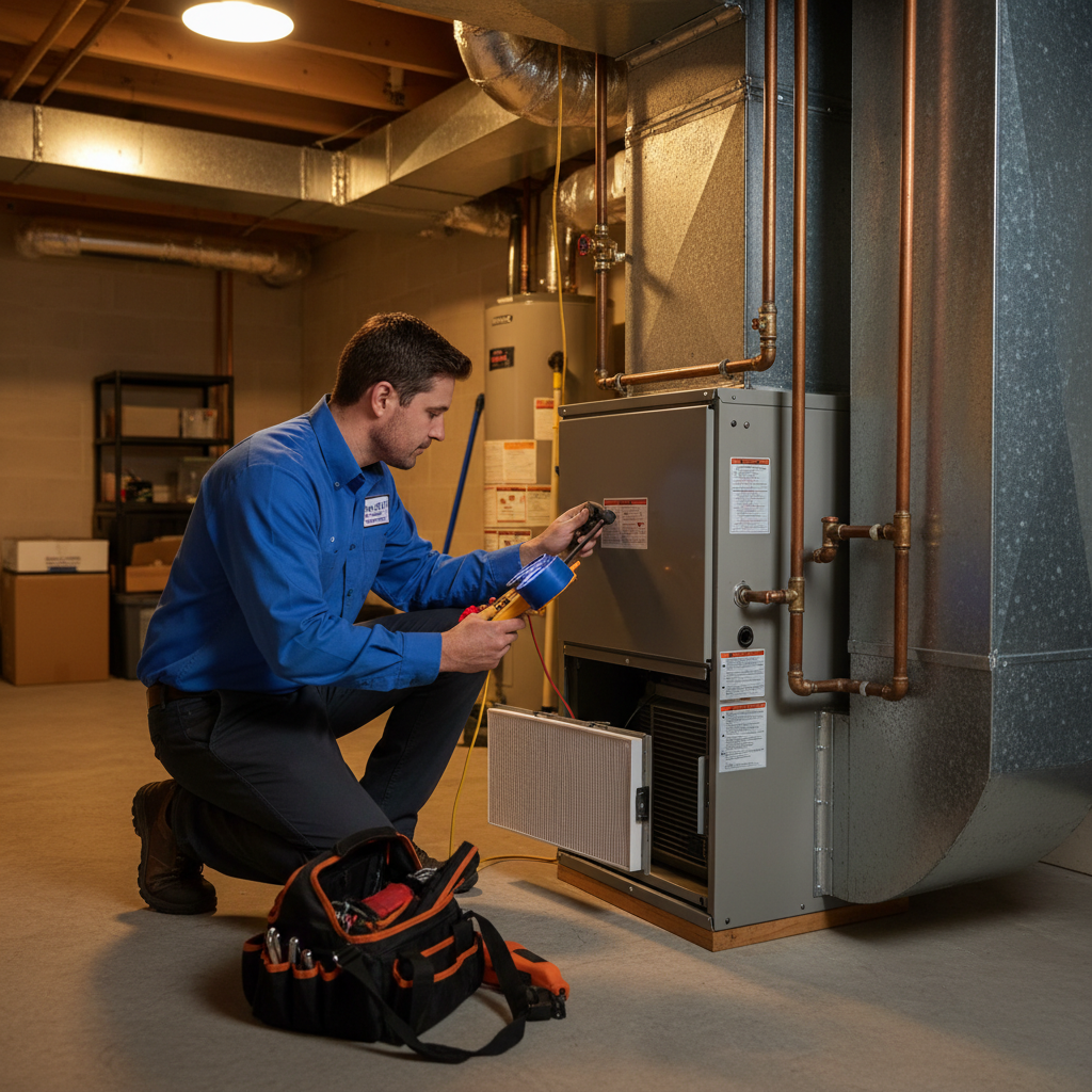 ThermoSTAT Heating and Cooling technician inspecting a furnace in a LaFollette, TN home.